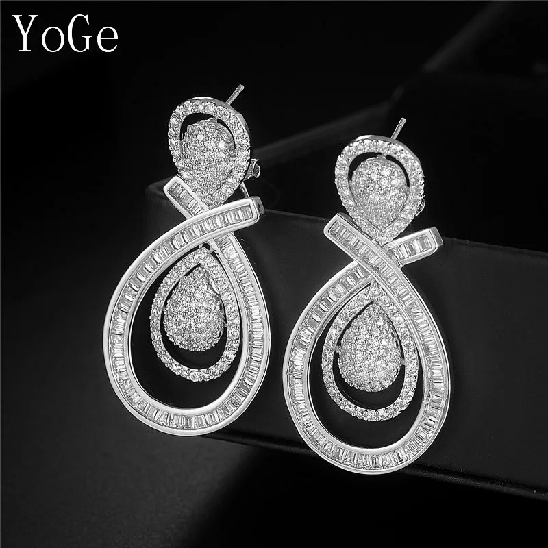 

YoGe statement Jeweller, E7154 Luxury AAA CZ big bold heavy drop earrings,trapeziform stone ,white colour