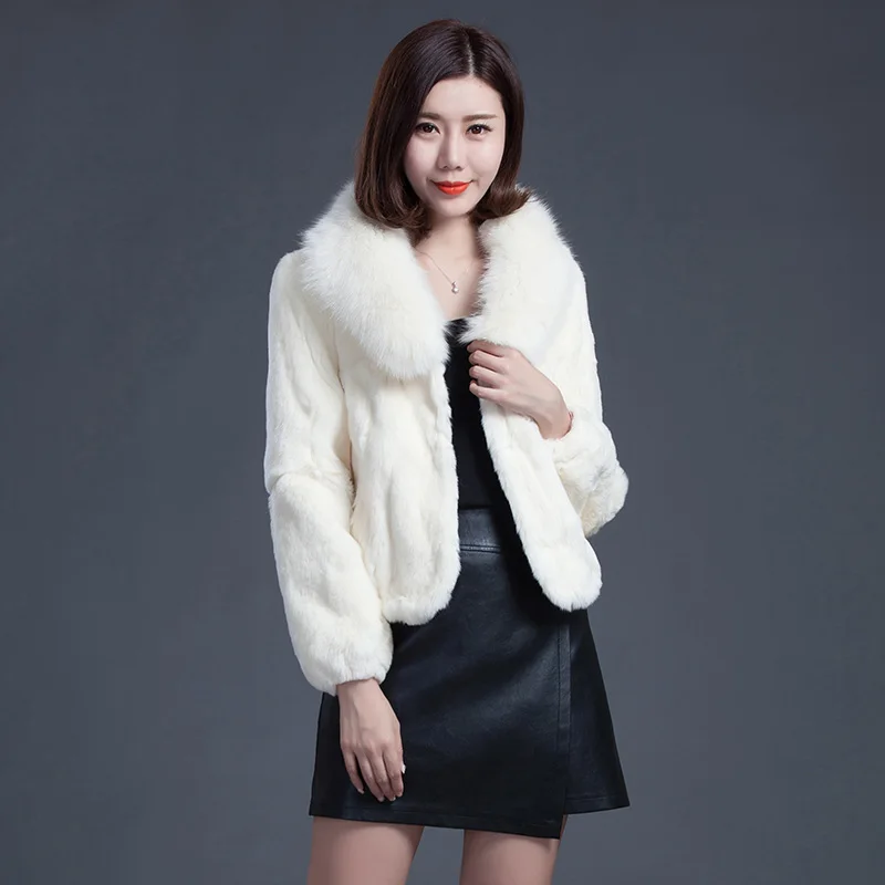 Natural fox fur collar women's short slim real rex rabbit fur jackets bride and bridesmaids white real fur coats for wedding