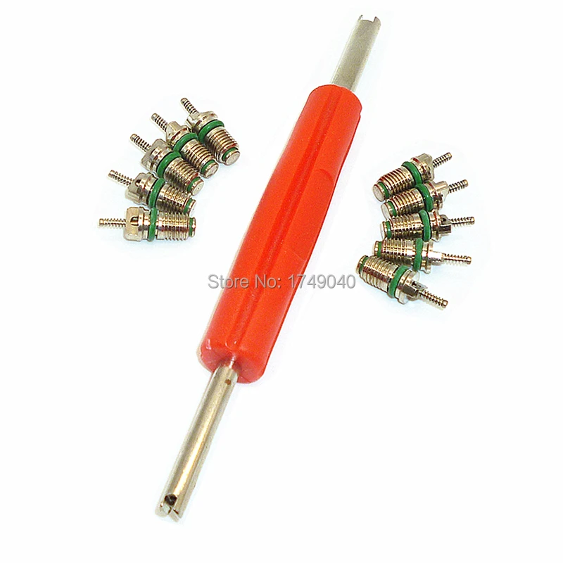 Valve Core Key Wrench Remover Repair Tool With 10pcs A/C Valve Cores
