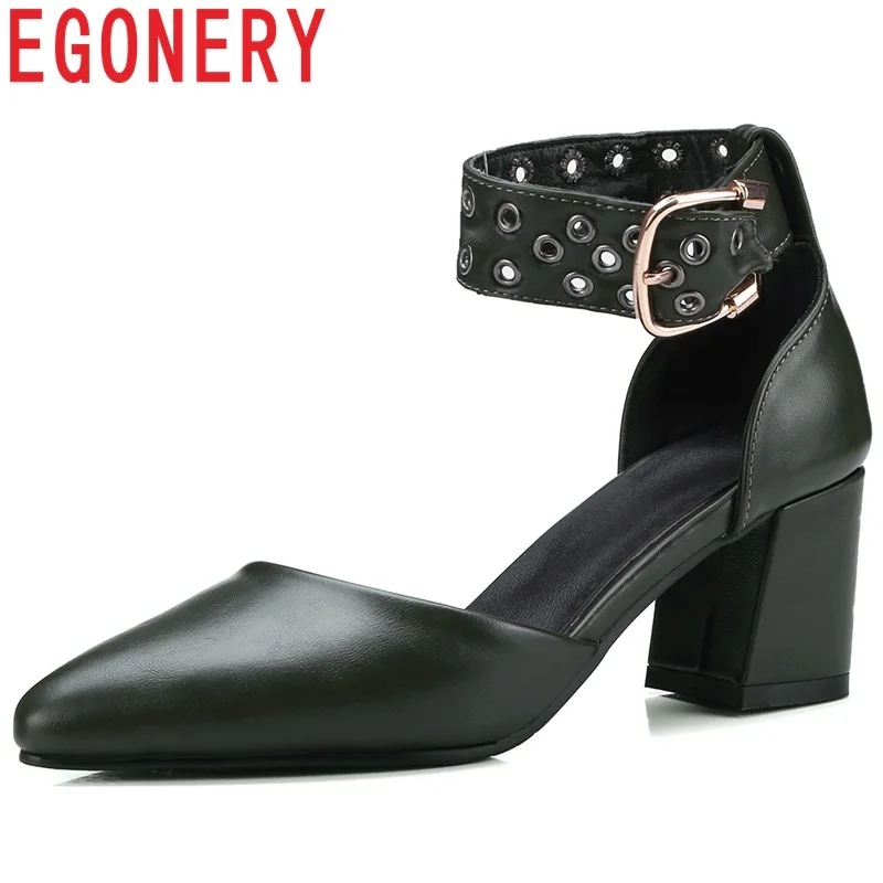 

EGONERY summer 2018 new fashion pu buckle metal decoration women pumps high square heels pointed toe outdoor sexy casual shoes