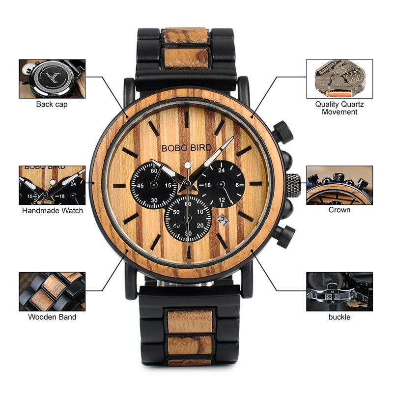 BOBO BIRD Stylish Casual Wooden Quartz Mens Watches Stainless Steel Chronograph Military Dress Watch