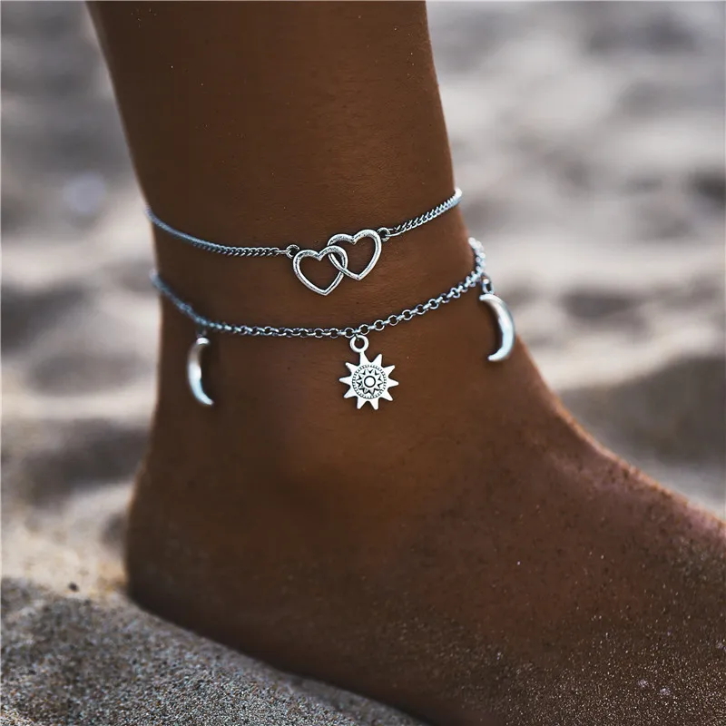 Винтажные Многослойные ножные браслеты 17MILE с изображением сердца и бесконечной картой для женщин, браслет на лодыжке с Луной и звездой, летние пляжные украшения для ног