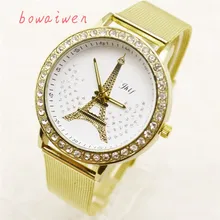 bowaiwen #1035 Newly Design Women Watch Ladies Crystal Tower Gold Stainless Steel Mesh Band Wrist Watch