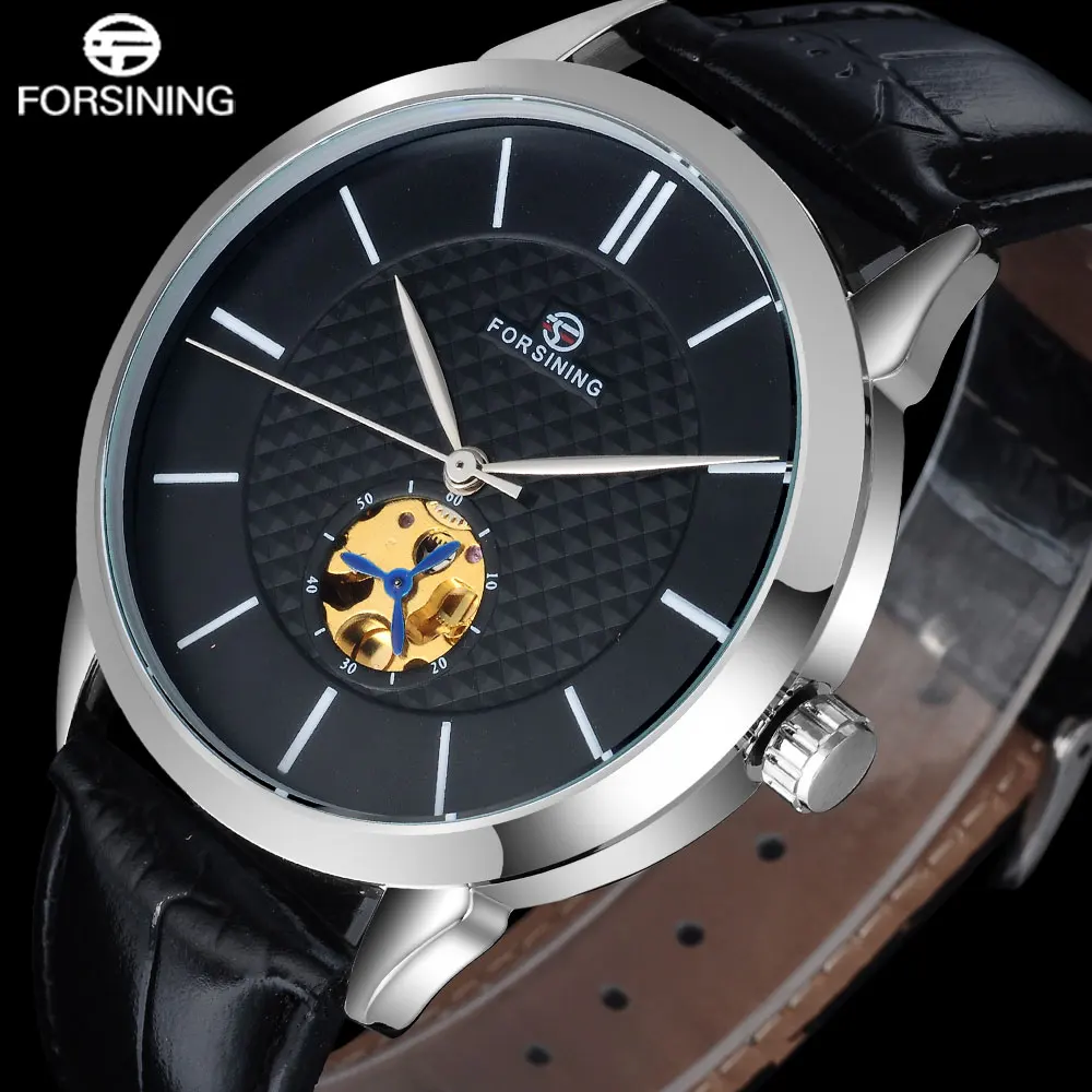 2017 FORSINING популярный бренд мода Автоматическая Самостоятельная часы с автоподзаводом скелет черный циферблат Прозрачный задний Чехол