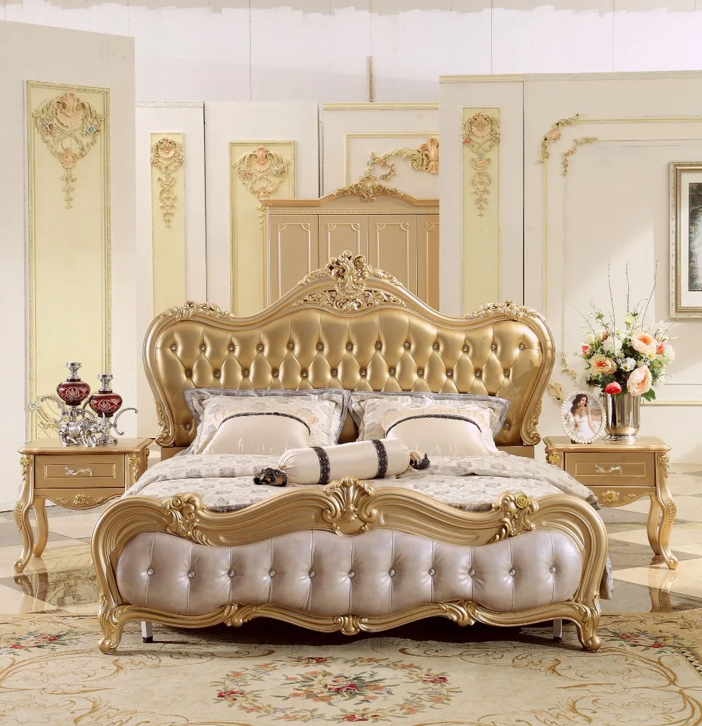 New Design Champagne Golden Carving King Size Leather Bed, Royal European Style Soft Bed Master