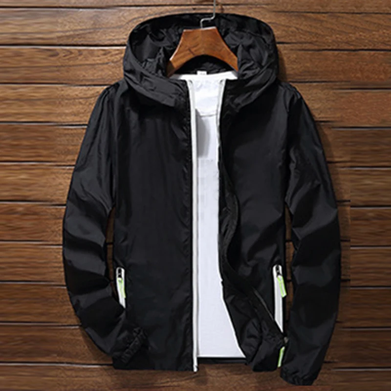 Мужская ветровка, мужская Тонкая куртка на молнии, осенняя спортивная куртка для велоспорта, водонепроницаемая куртка с капюшоном, спортивная одежда - Цвет: Black