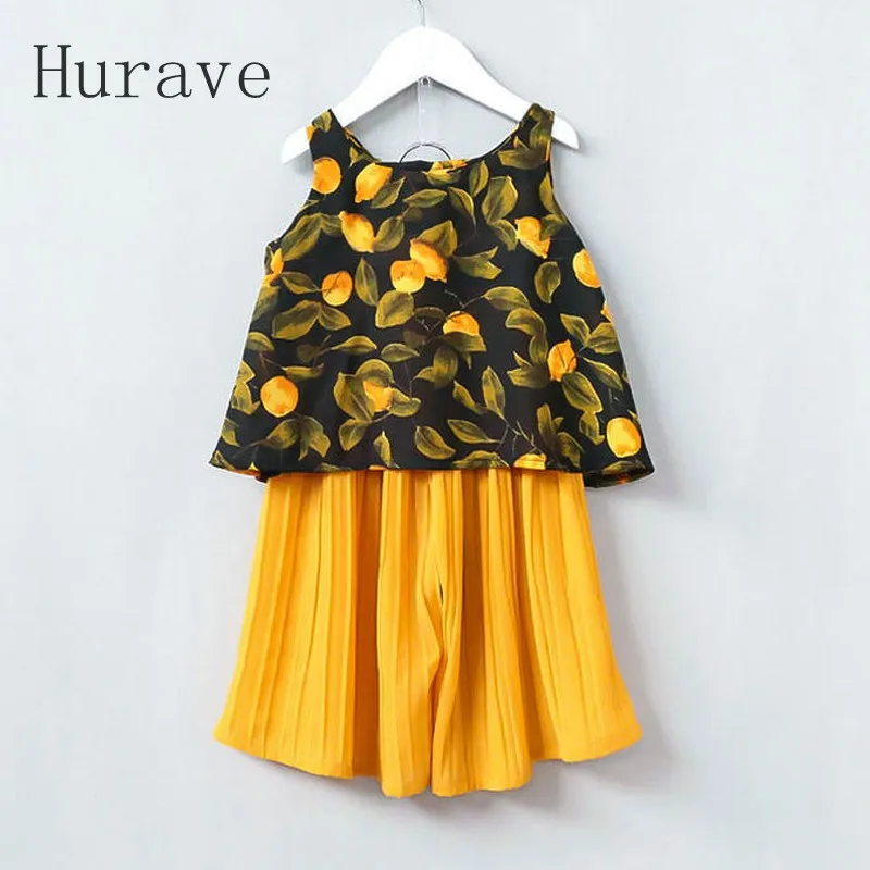 Hurave 2017 Baby Girls Dress Casual Stye Pattern Print Kids Sets Vest Pants 2PC Suits For
