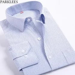 Фиолетовый белый плед рубашки работы Для мужчин Slim Fit с длинным рукавом мужской пуговицах небольшой проверки Camisa Бизнес Повседневное
