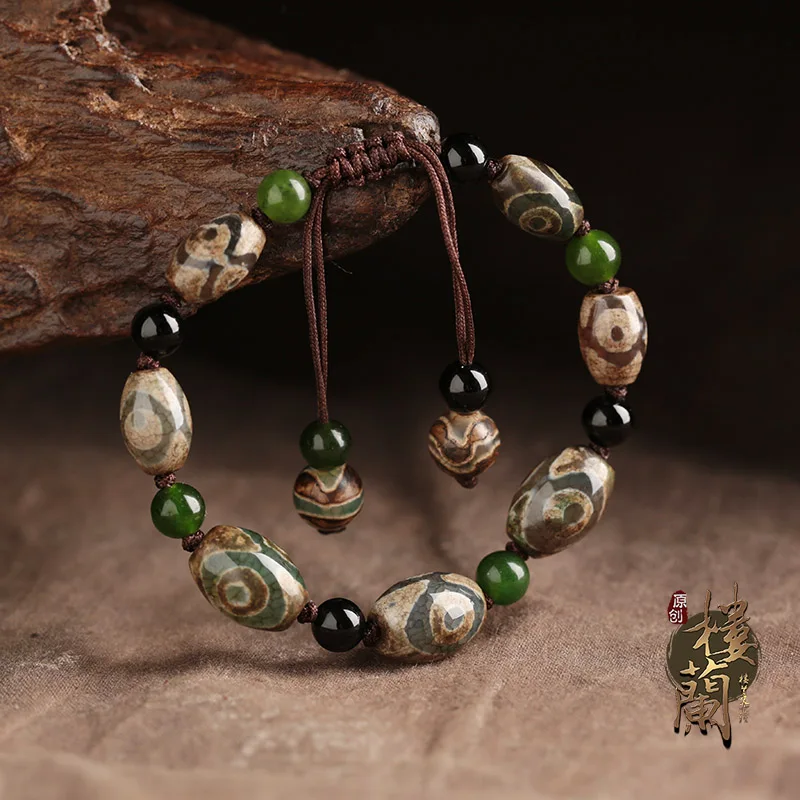Nepal Original Three Eye Dzi with Black Stone Spacer Bracelet Vintage Ethnic Sytle Tibet Bracelet Beautiful Bracelet for Women Nepal Original Three Eye Dzi with Black Stone Spacer Bracelet Vintage Ethnic Sytle Tibet Bracelet Beautiful Bracelet for Women