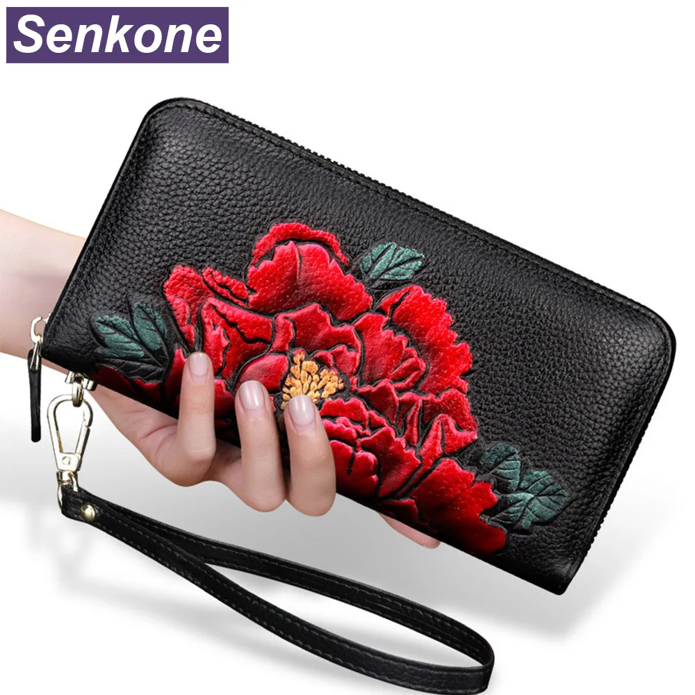 Ladies Genuine Leather Wallet Women Fashion Flower Wallets Luxury Brand