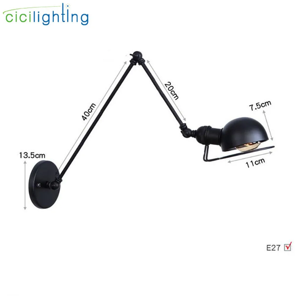 4020cm arm Черный 15 см 25 см 35 см 45 см двойные поворотные ручки настенная легкая миска металлический абажур бра промышленный дизайн стимпанк mur лампа - Цвет абажура: 4020cm arm
