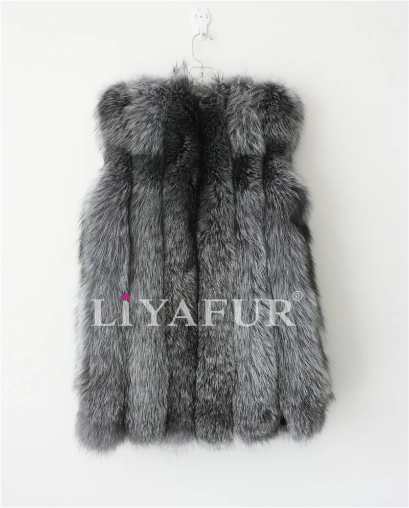 LIYAFUR Women's Real Genuine Full Pelt Silver Fox Fur Long Sleeveless Vest Waistcoat Gilet for Women