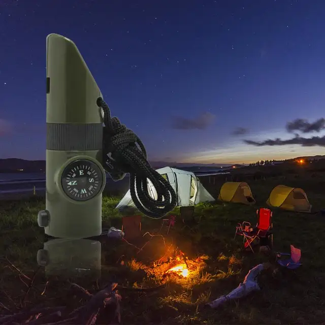 7 in 1 Mini SOS Survival Kit Camping Survival Whistle With Compass Thermometer Flashlight Magnifier Tools Outdoor Hiking