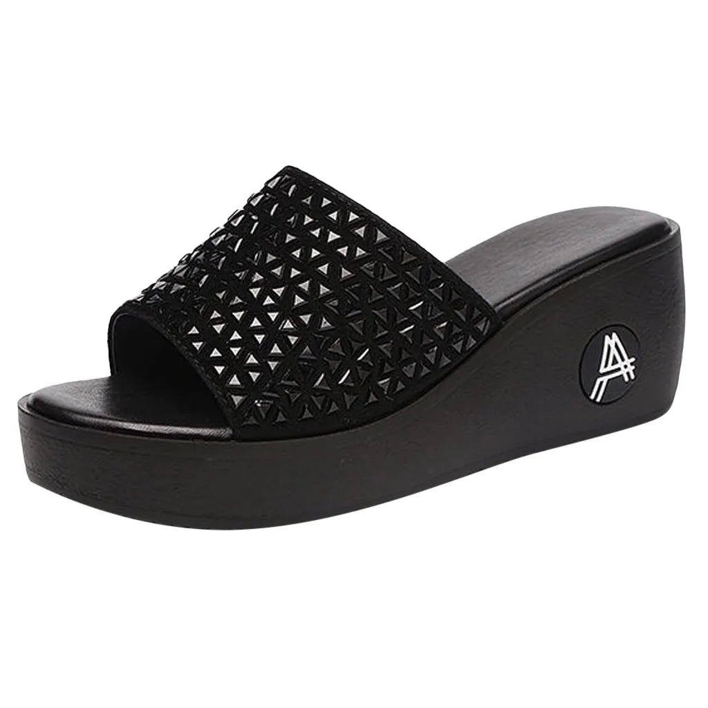 Для женщин летние модные слипоны; женские сандалии на танкетке в стиле ретро, на платформе открытый носок сандалии, женские тапочки женские туфли на выход sandalias mujer - Цвет: Черный