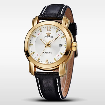 OUYAWEI элегантные мужские часы Авто Дата Механические наручные часы автоматический мужской кожаный ремешок для часов Золотая повязка автоматический - Цвет: Белый