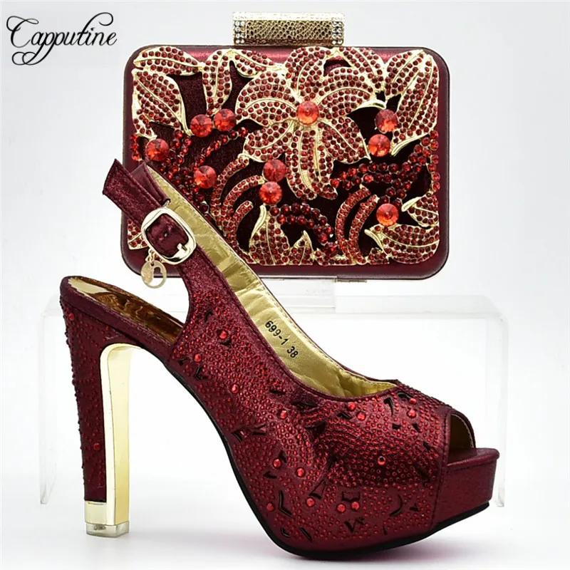 Capputine New Arrival Italian Rhinestone Shoes And Bags Set For Party Nigeria High Heels Shoes And Bag Set Size 37-42 DF-12