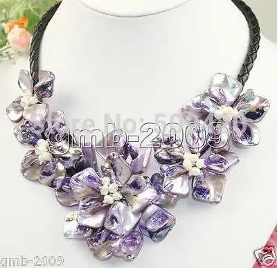

Free Shipping Pretty Hand Weave Purple Natural MOP Shell Flower White Pearl Necklace 18