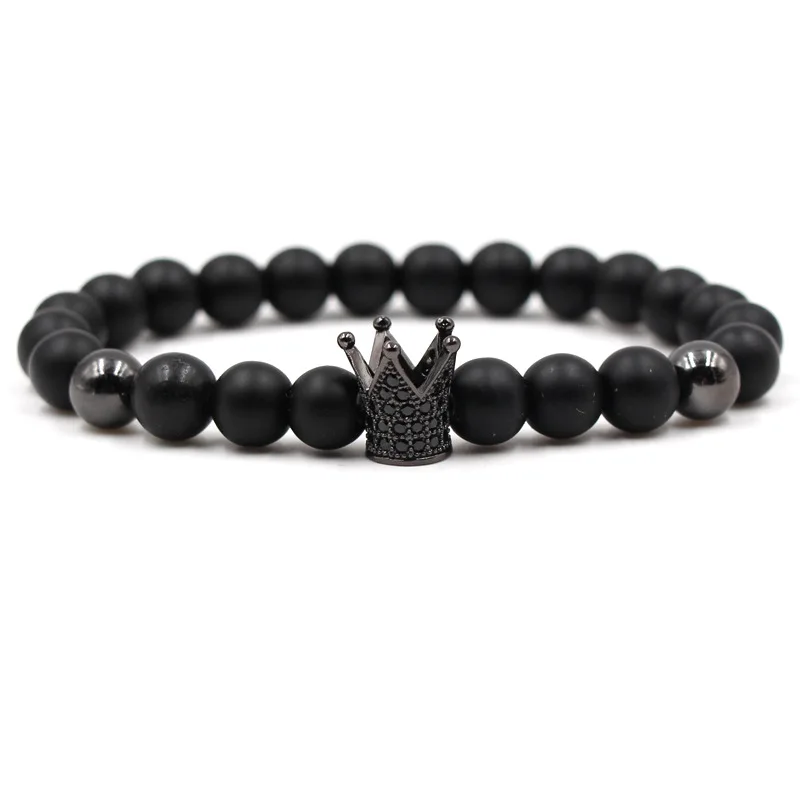 LERNEJO Trendy Imperial Crown Pave Black CZ Beads Natural Onxy Stone Men Strand Bracelets Matte Charm Jewelry Gift 12