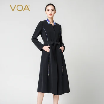 

VOA Plus Size Trench Coat For Women Black Long Sleeve Overcoat Ladies Luxury Silk Trench Coat F7332
