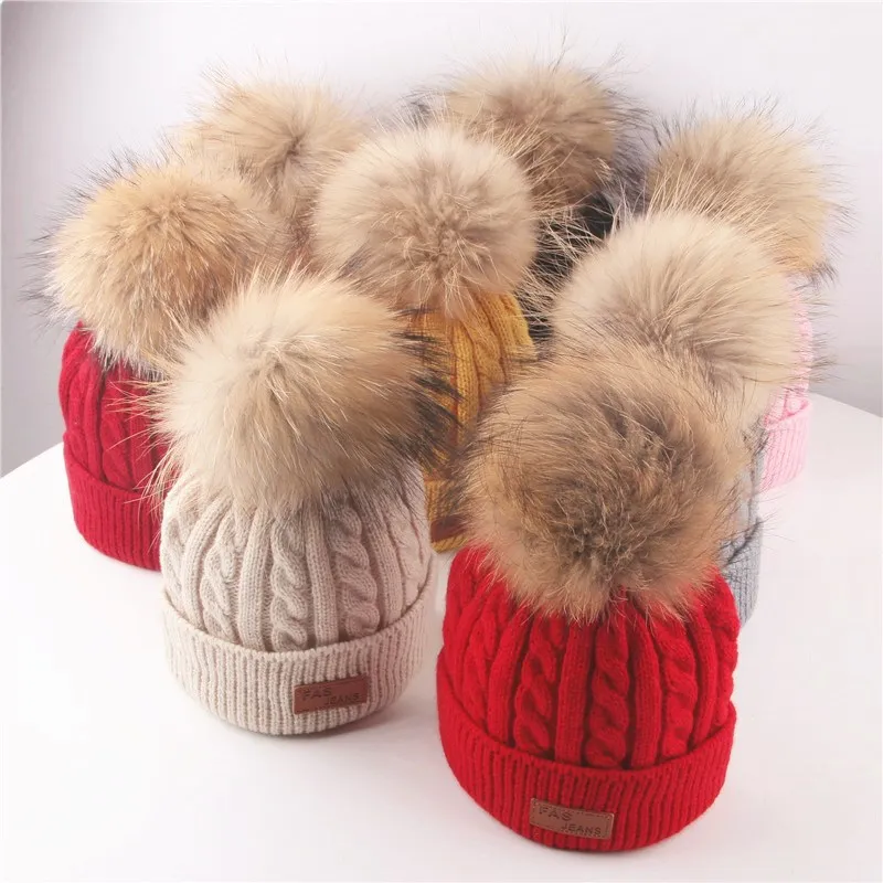 

Autumn Winter Kids Detachable Pom poms Knitted Beanies Caps Nature Fur Hair ball Knitted Hats Skullies