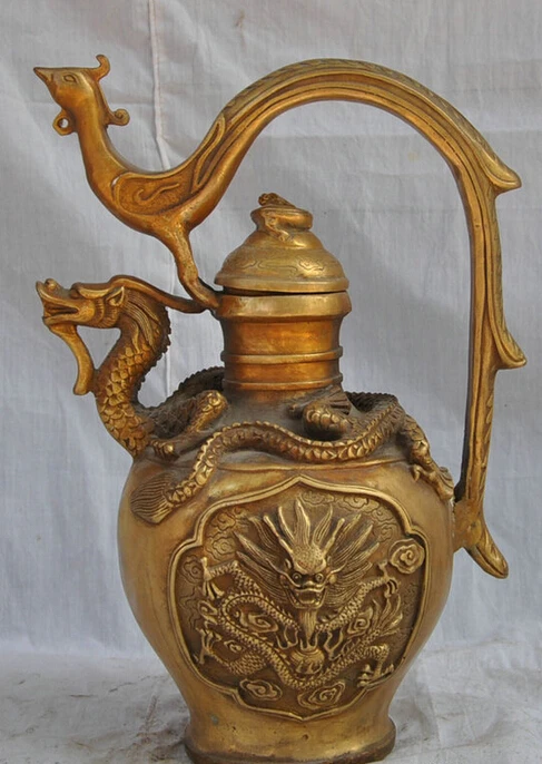 

USPS to USA S1213 11" Chinese Brass Palace Myth Fly Dragon Phoenix Head Statue Teapot Wine Pot B0401