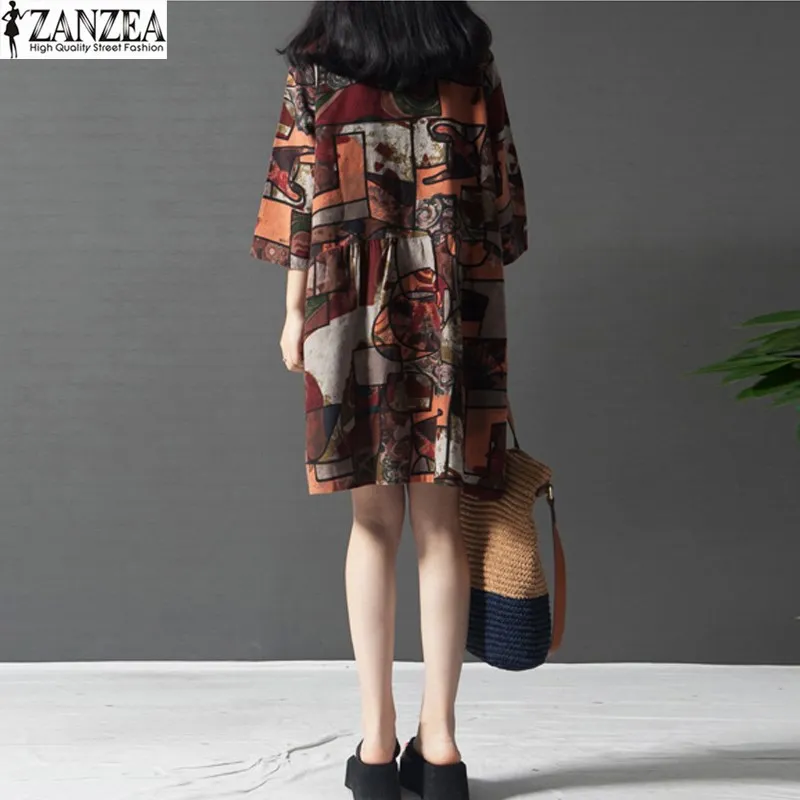 ZANZEA женское винтажное Цветочное платье с круглым вырезом и рукавом 3/4 Хлопок Карманы Туника мини платье летнее платье размера плюс