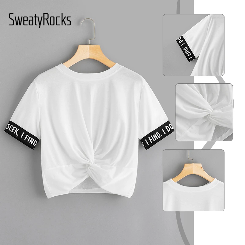 SweatyRocks, короткий рукав, футболки для женщин, топы, проклеены, фирменная отделка, твист спереди, короткий тройник, лето, Женская белая футболка