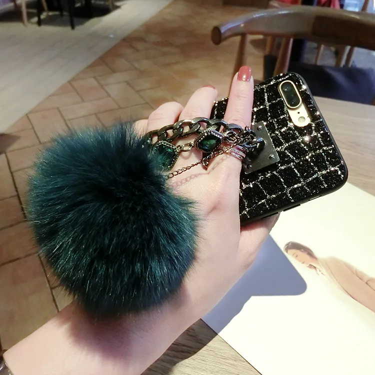 

Luxury diamond metal wrist fur ball glitter bling hard soft edge case for iphone X XR XS MAX 6S 7 8 plus for S8 S9 S10 Note 9