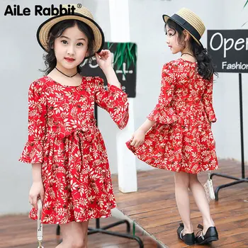 

2019 new girls clothes dress big girl elegant chiffon floral dress Korean belt bow spring trumpet sleeve dress Princess dress