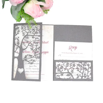 

Silver laser cut Tri-fold tree wedding invitation card with pocket