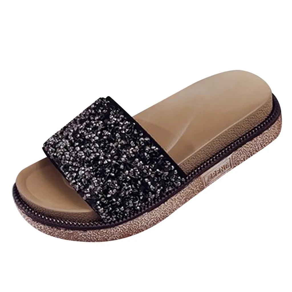 

SAGACE Women's fashion slippers retro flat shoes muffin bottom sequins word drag crystal open toe beach shoes Roman slippers