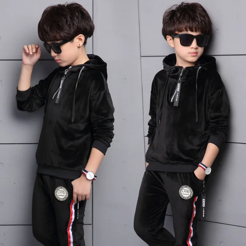 ملابس الأطفال 2018 جديد الأطفال الدعاوى الشباب معطف بقلنسوة اثنين من قطعة الاطفال الصبي مجموعة ملابس رياضية رمادي أسود 4-14ages