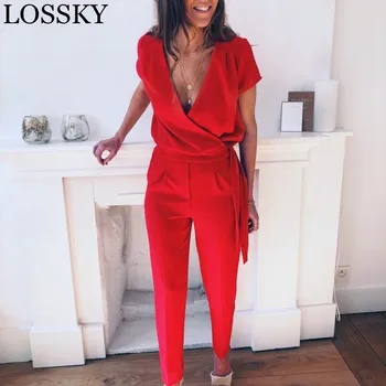

Women Elegant Slim Red Wrap Overlap Jumpsuit Sexy Deep V Neck Short Sleeve Belt Pocket Rompers Female Solid Jumpsuits Bodysuits