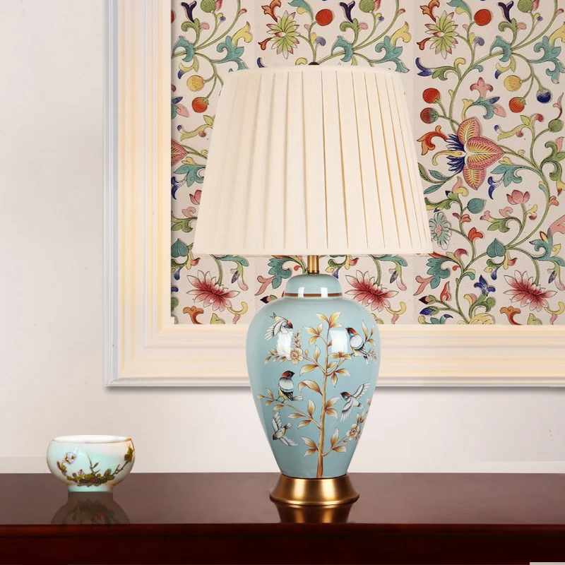 الراقية الرجعية أنيقة الصينية اليد رسمت السيراميك النسيج E27 Dimmerable الجدول مصباح لغرفة المعيشة غرفة نوم H 60/ 70 سنتيمتر 1080