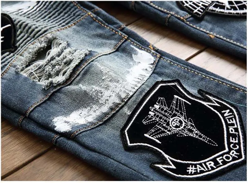 Mcikkny Men's Tiger Embroidery Ripped Jeans Trousers Badge Patchwork Denim Trousers Nightclub Streetwear Jeans Pants For Male 