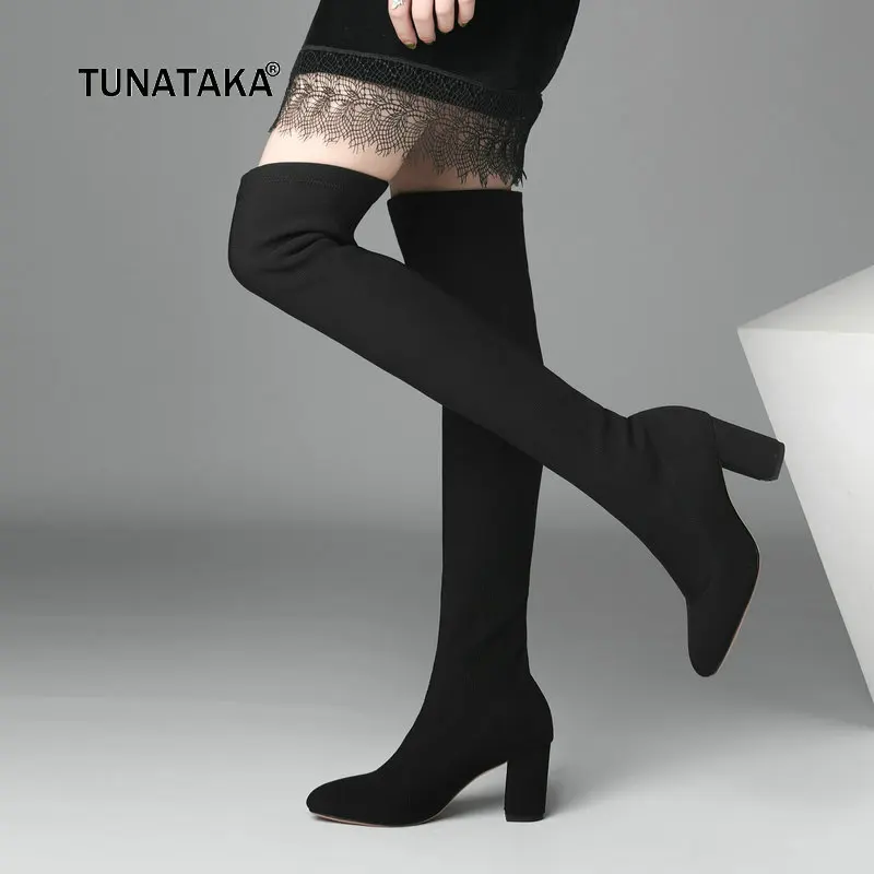 Women Comfort Knitting Thick Heel Over the Knee Boots Fashion Slip On Pointed Toe Fall Winter Stretch Thigh Boots Black Apricot цена Women Comfort Knitting Thick Heel Over the Knee Boots Fashion Slip On Pointed Toe Fall Winter Stretch Thigh Boots Black Apricot цены онлайн