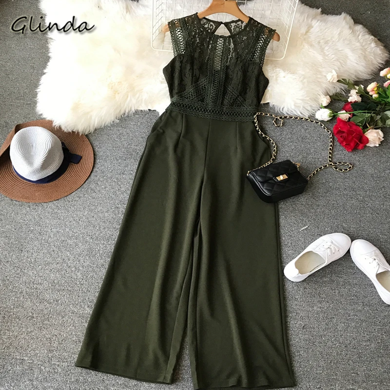 

Fashion Sexy Lace Patchwork Party Long Jumpsuits Clubwear Women Summer Wide Leg Jumpsuits Playsuit Female Casual Overalls Romper