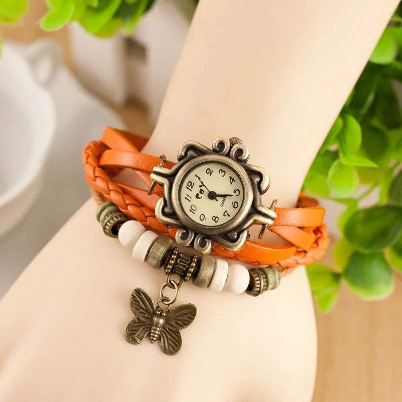 Новые повседневные Модные Ретро часы с подвеской в виде бабочки и кожаным браслетом, высокоточные кварцевые часы