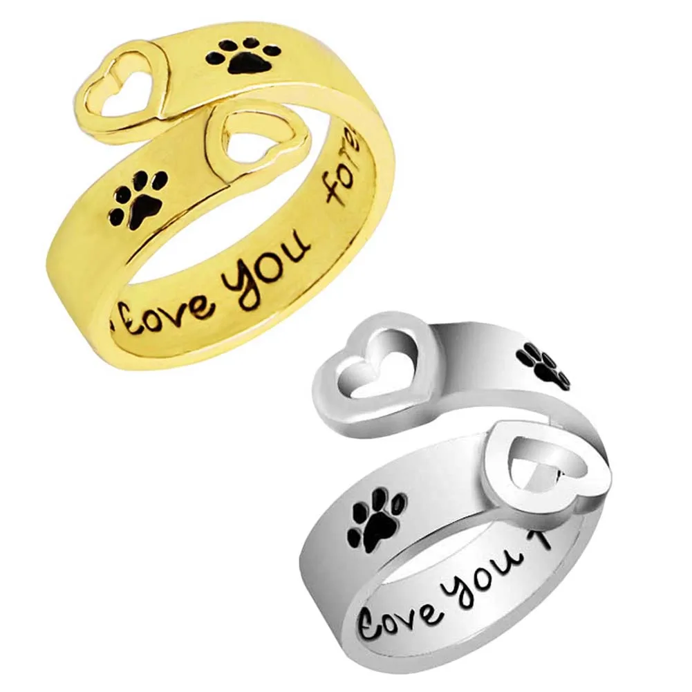 

Fashion Pet Dog Paw Print Heart Hollow Ring Paw Hand Stamped " I will love you forever " Dogs Footprints Claws Love Rings Gift