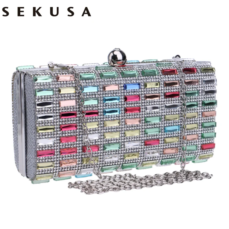 

SEKUSA Acrylic Women Evening Gag Diamonds Metal Day Clutches With Chain Shoulder Purse Evening Bag For Wedding Party Dinner
