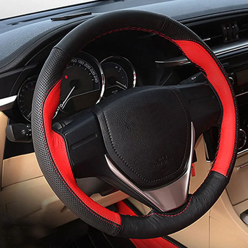 

For Toyota Corolla 2014 2015 2016 1pc Steering Wheel Cover Trim Hand Sewing Red&Black Leather Decorative Styling Accessories