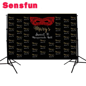 

Customized Sweet 16 Backdrop Black Color Printed Gold Masks Princess Girl Birthday Party Decoration Photo Booth Background