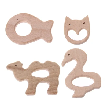 

OOTDTY Safety Baby Wooden Teethers Beech Baby Bite Teether Wooden Animal Teething Baby Gift Rattle Crochet Beads Baby Oral Care