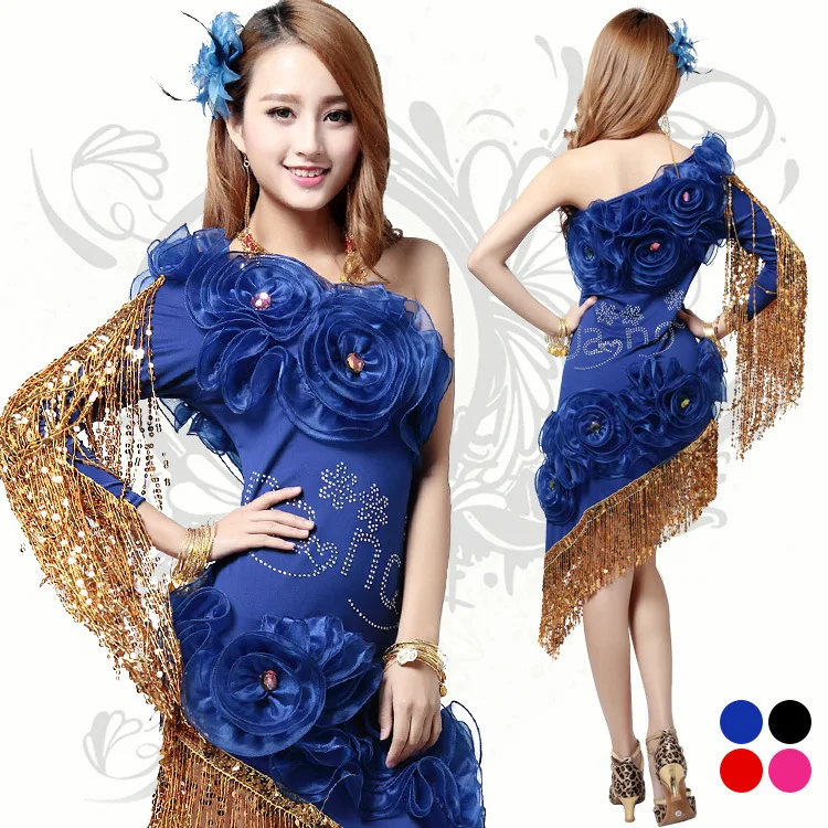 Free Shipping Diamond Flowers Latin Fringe Dress Girls Ballroom Dancing
