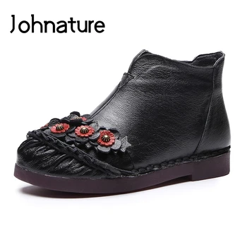 

Johnature 2020 New Retro Handmade Genuine Leather Round Toe Solid Appliques Flower Sewing Women Winter Boots Warm Ankle Booties