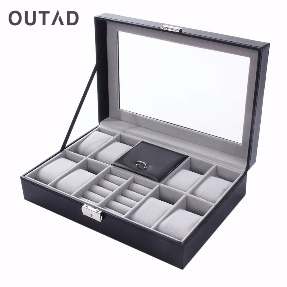 OUTAD 2 In One 8 Grids+3 Mixed Grids PU Leather Black Boxes Luxury Jewelry Ring Display Boxes Watch Case Storage Organizer