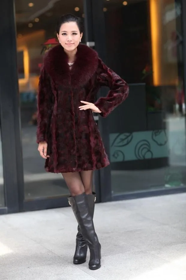 Для женщин; Большие размеры 5XL искусственная норка мех пальто с лисьим мехом меховой воротник женский средней длины меховое пальто