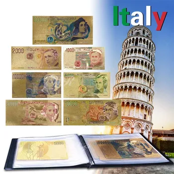 

7pcs Full Italy Lire Banknotes Set Colorful Gold Foil Banknotes Italian Currency Paper Money Collection With Leather Album