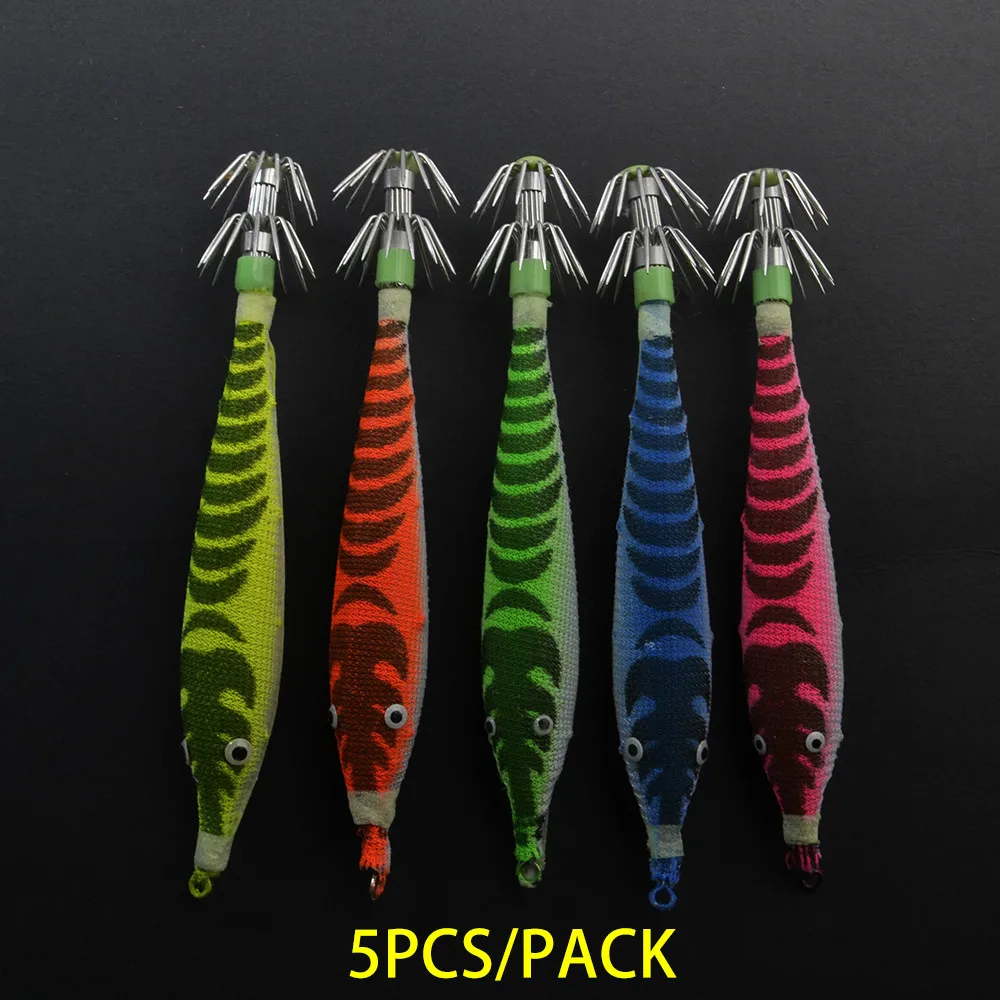 

FISH KING 5pcs/lot Luminous Squid Jigs Octopus Fishing Lures 6.2g 11cm Sea Fishing Artificial Bait Cuttlefish Squid Hook Rigs
