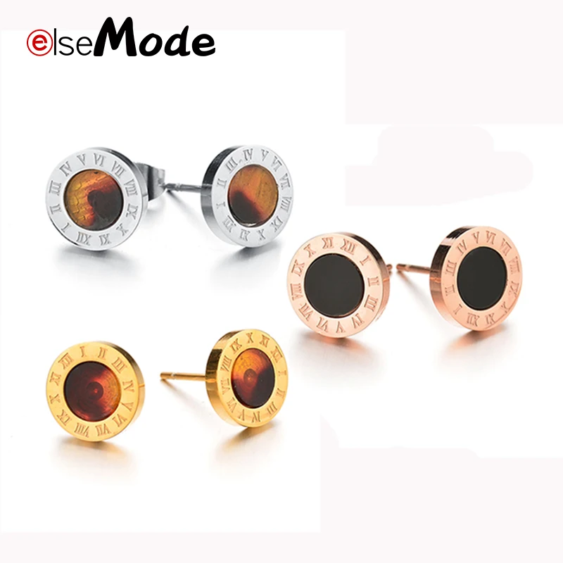 

ELSEMODE Stainless Steel Roman Numeral Brand Stud Earrings For Women 10mm Diameter High Quality Shell Earrings Fashion Jewelry